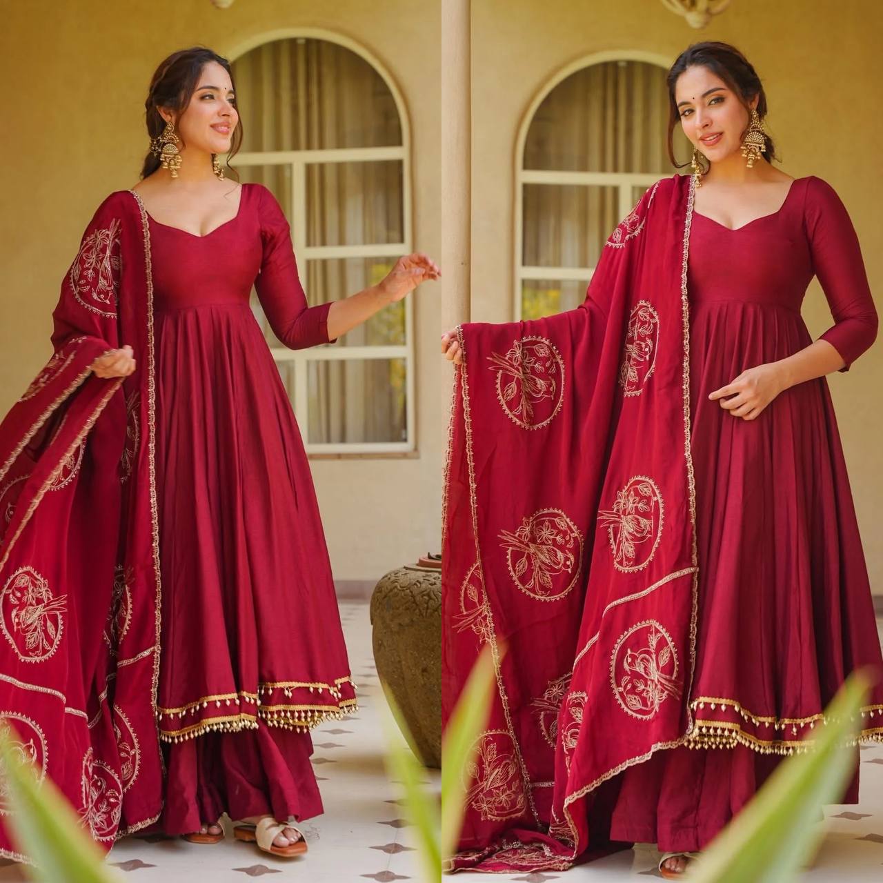 Regal Crimson Red Flared Anarkali Suit Set Adorned with Heritage Gold Motifs and Pearl-Embellished Scalloped Borders